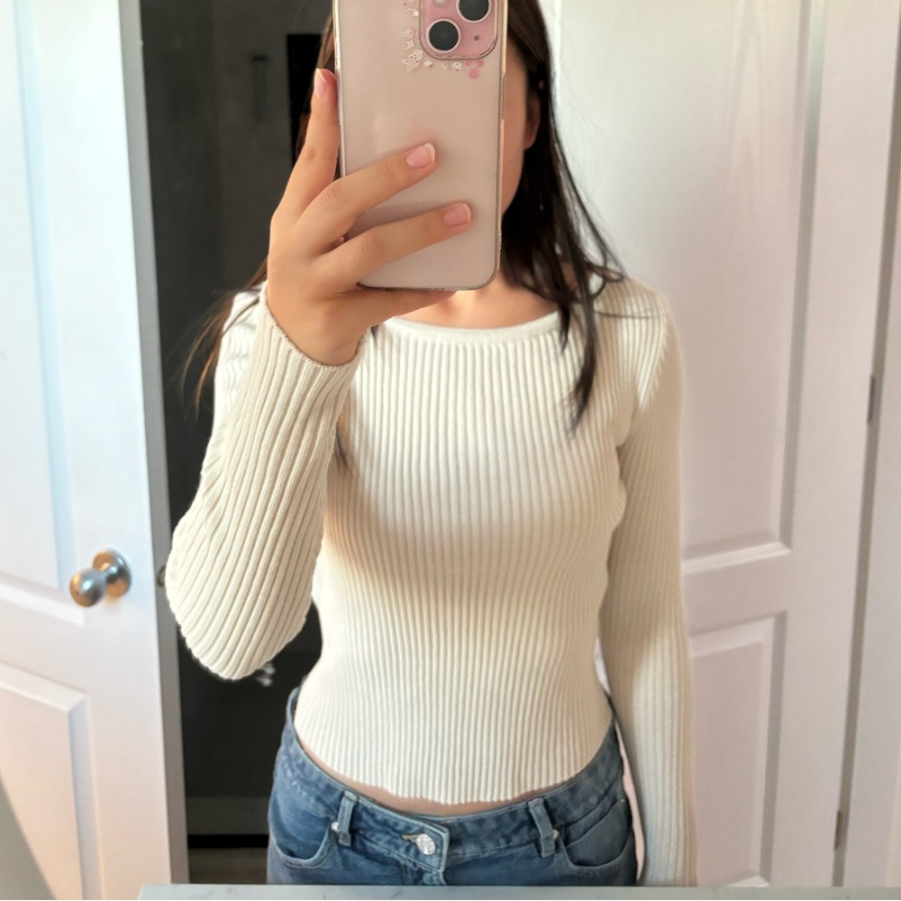 Cream Ribbed Knit Sweater